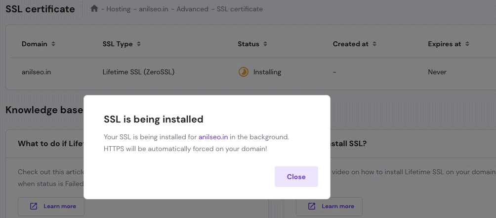 this image shows hostinger SSL set